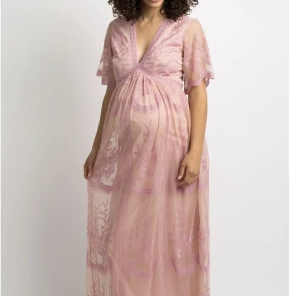 PinkBlush Pink Lace Maxi Dress Short Sleeve Maternity Photo Shoot Size XL Womens - Picture 1 of 13